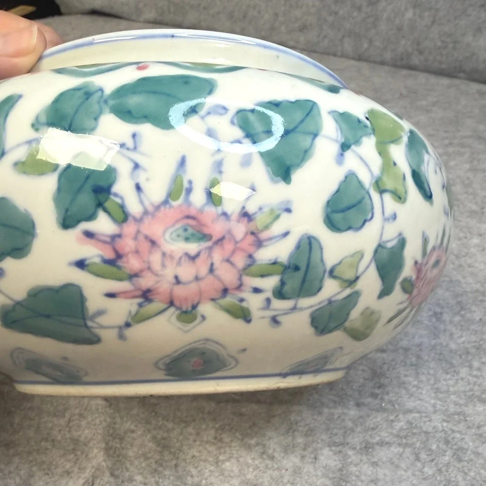 Vintage Chinese Porcelain Floral Bowl Hand Painted Pink Green Lotus Ginger Jar